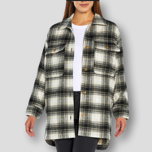 Banana Republic Long Plaid Flannel Button Down Shacket Sz L Cream Black Wool EUC